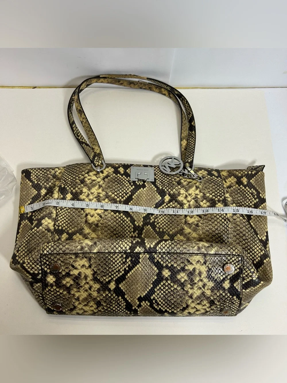 Michael Kors Snake-Print Leather Tote Doible Handle Shoulder Bag Purse Black Tan